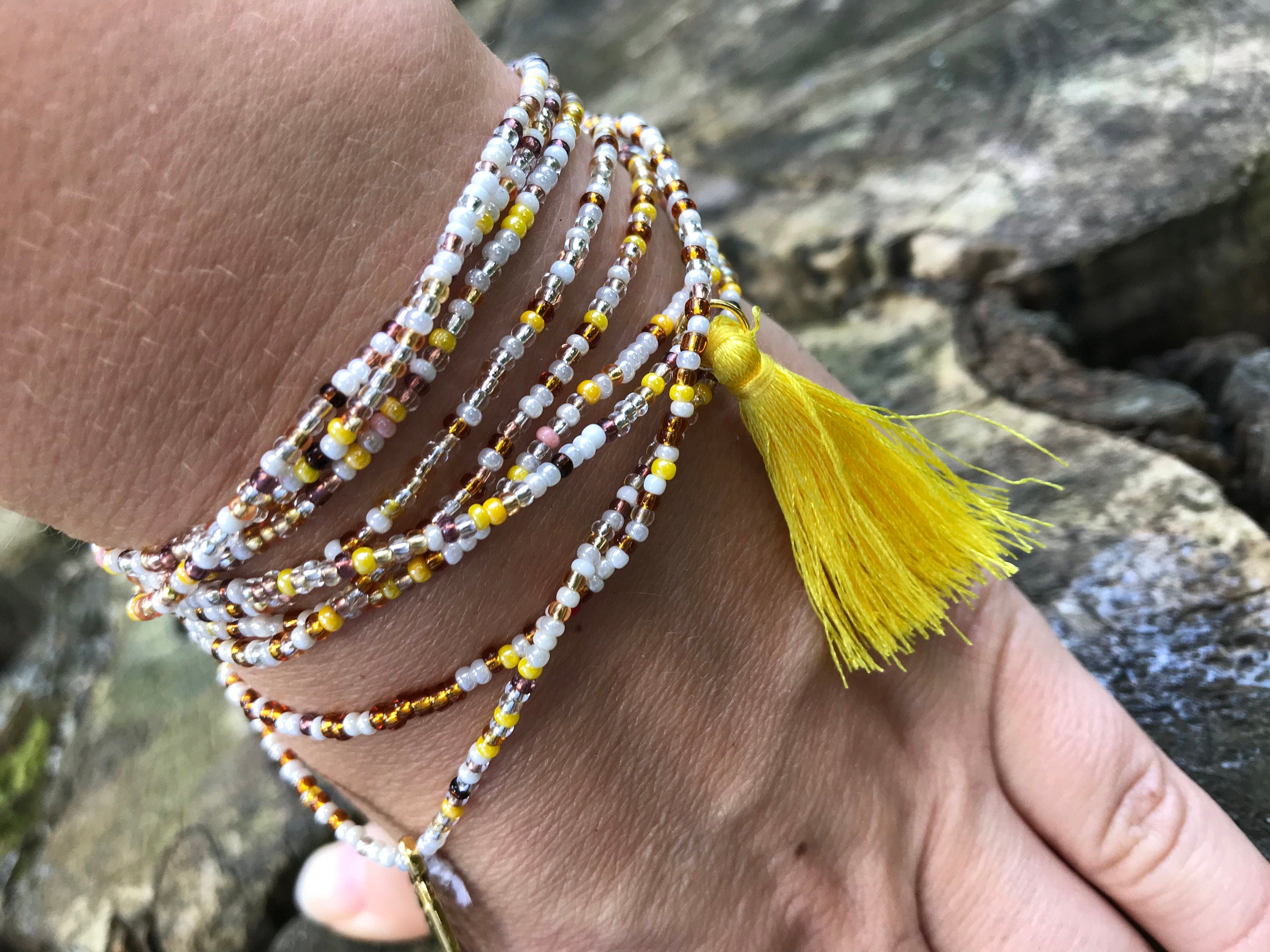 yellow brown beaded wrap bracelet, Fall accessory for girlfriend ~leaf seed bead bracelet~mini tassel bangle for hippie, seed bead necklace