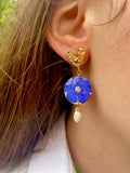 14K Gold Heart Earrings: Forget-Me-Not Flower & Baroque Pearl