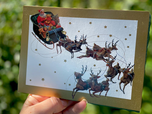 Antique Santa Bringing Presents Classic Holiday Card with Sleigh Reindeer Snowy Scene Christmas Cozy Winter Greeting Card Boxed Vintage