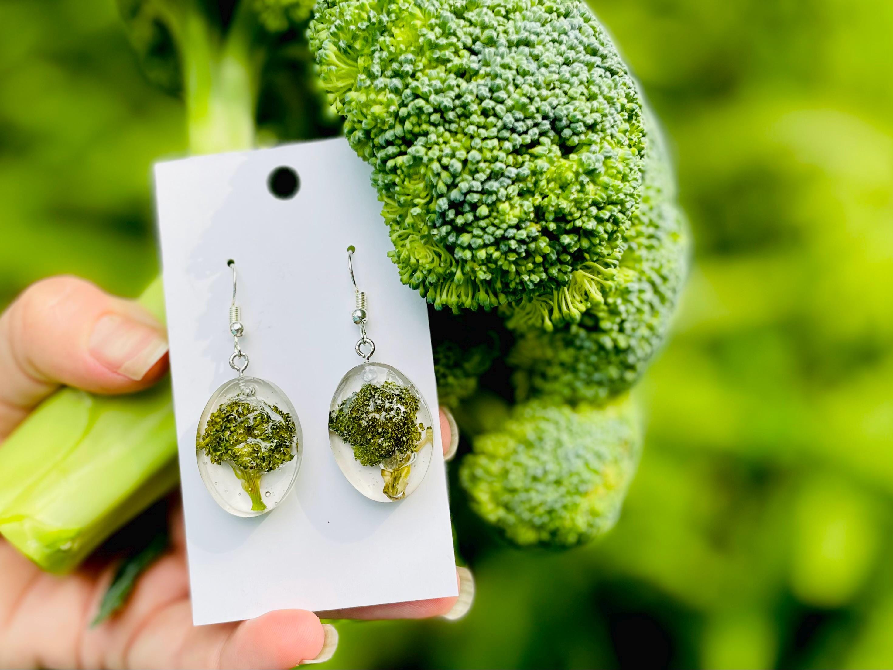 Real Broccoli Earrings: Handmade Resin Food Jewelry, Sterling Silver