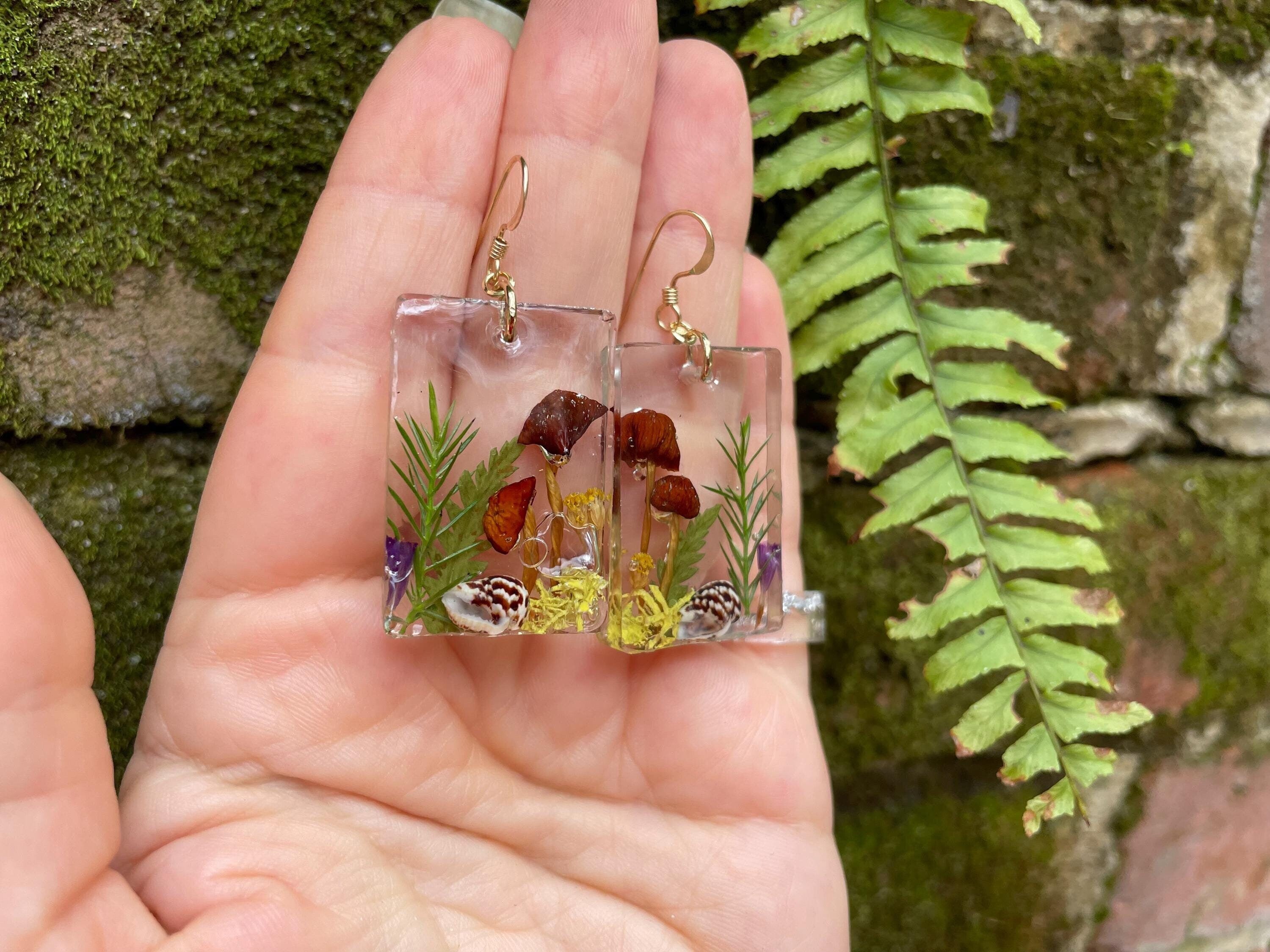 Real Mushroom Resin Earrings: Gold Filled Fairy Forest Jewelry