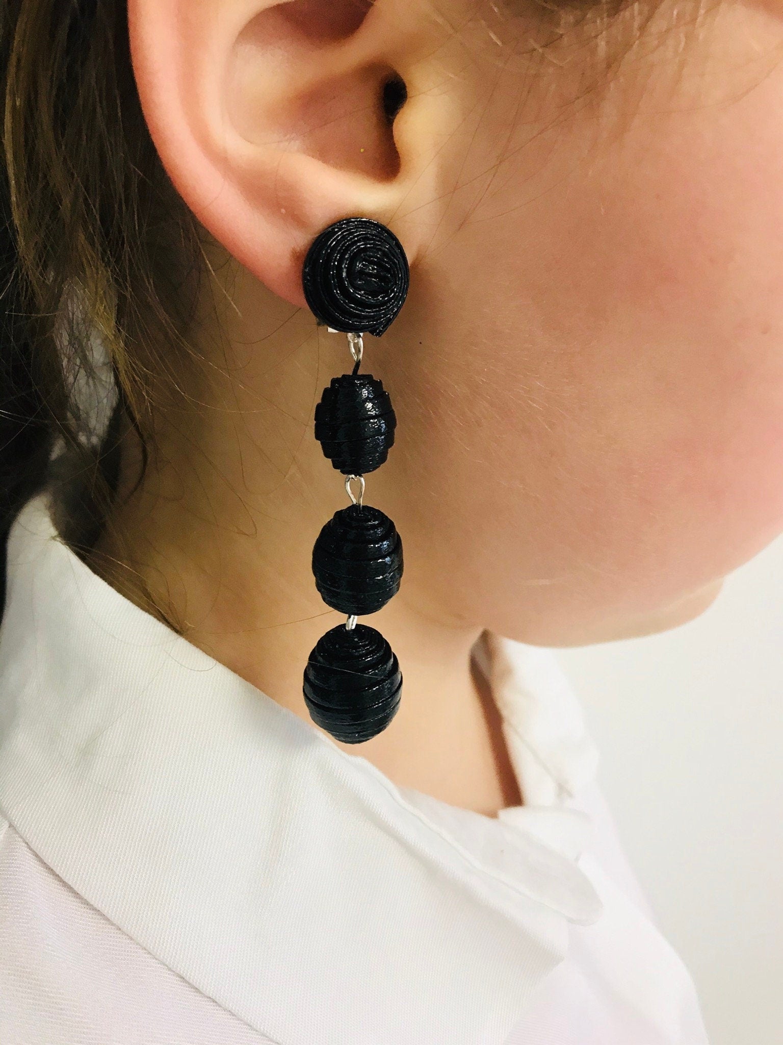 Black red faux leather bon bon earrings, layered leather earrings for women, long beaded earrings clips, three Ball Rebecca earrings dangle