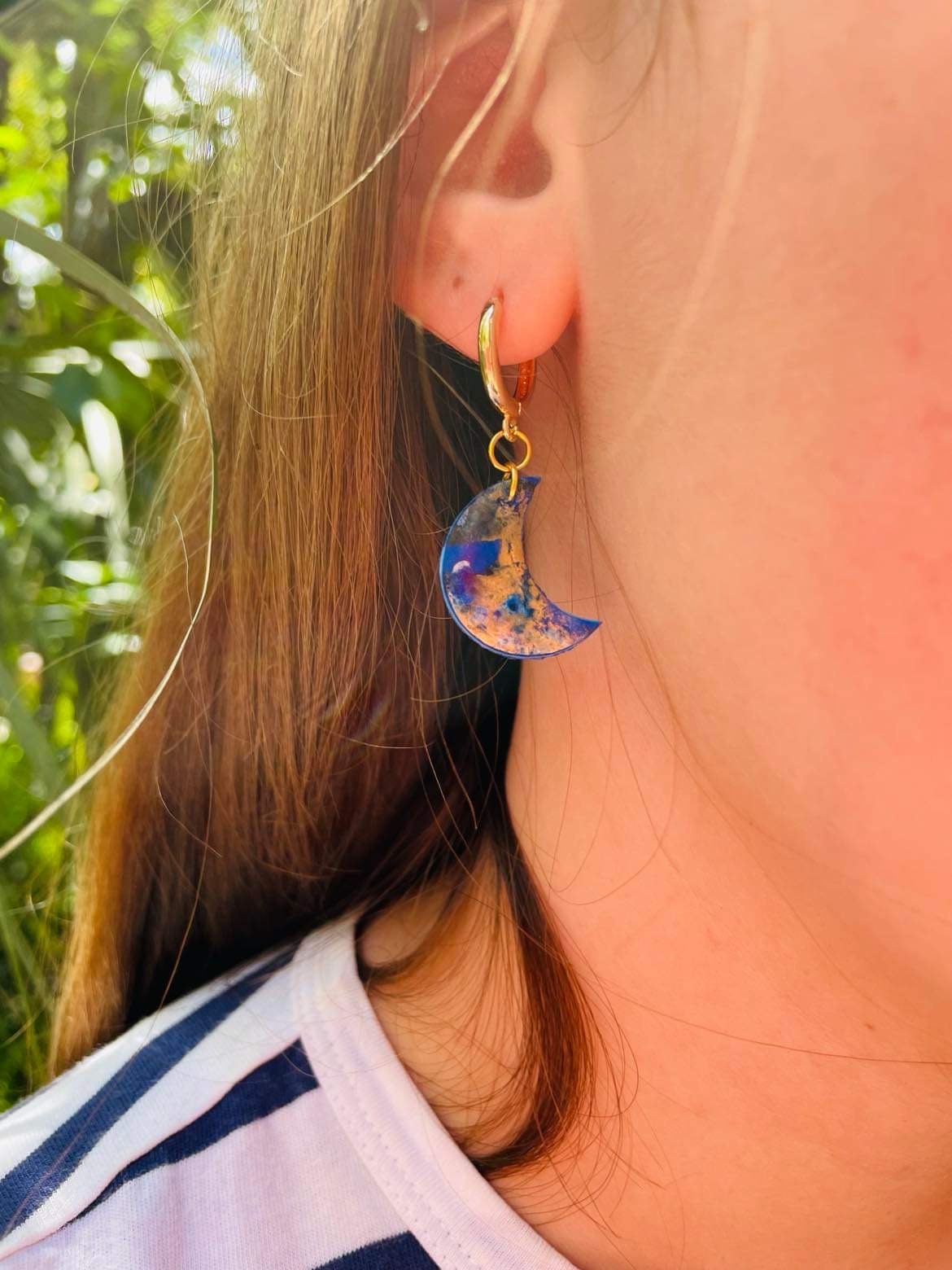 Galactic Blue Gold Moon and Star Clay Earrings Mismatched: Unique Handmade Astrology Jewelry