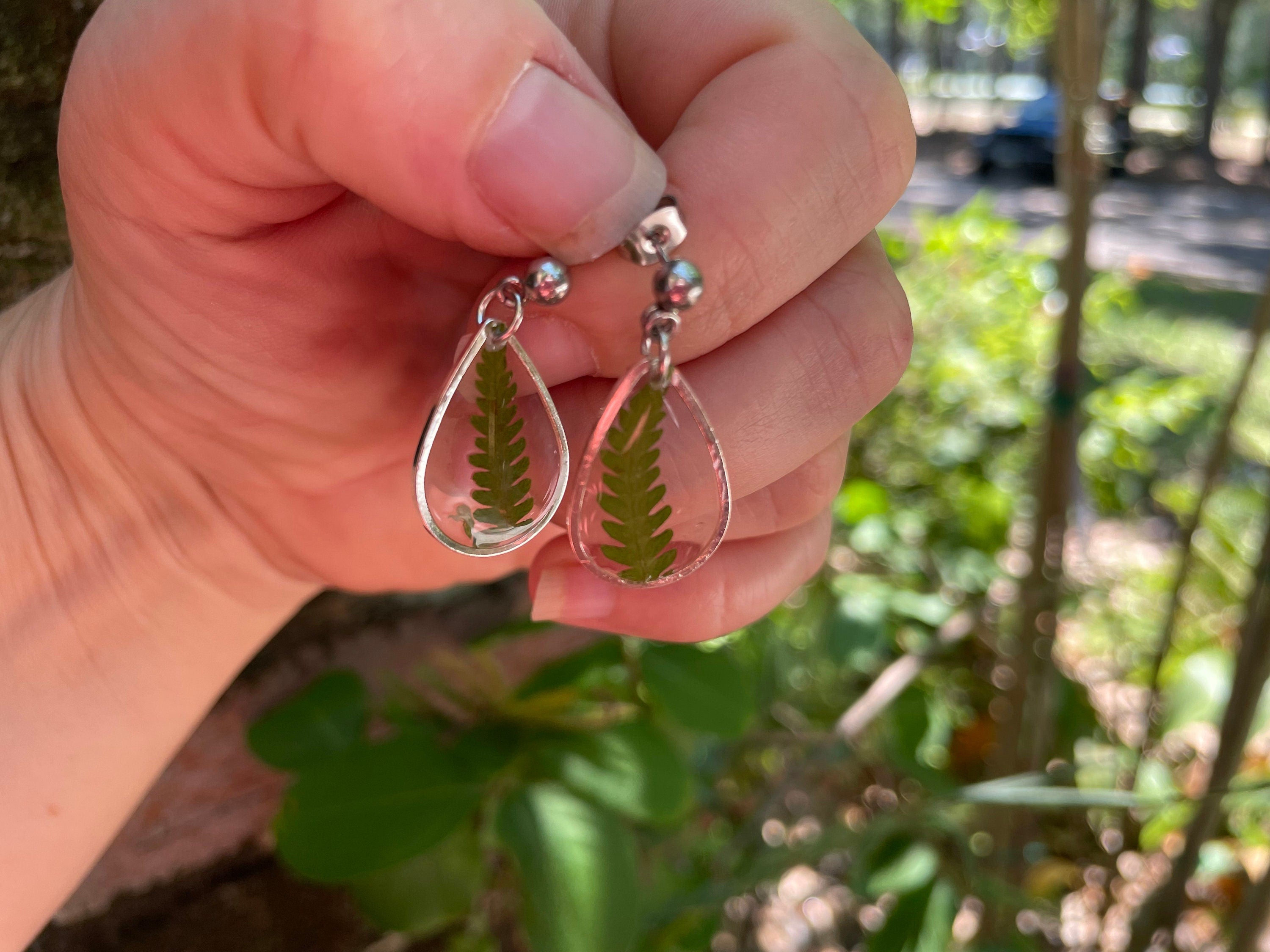 Teardrop Fern Resin Earrings: Nature Inspired Dangle Jewelry