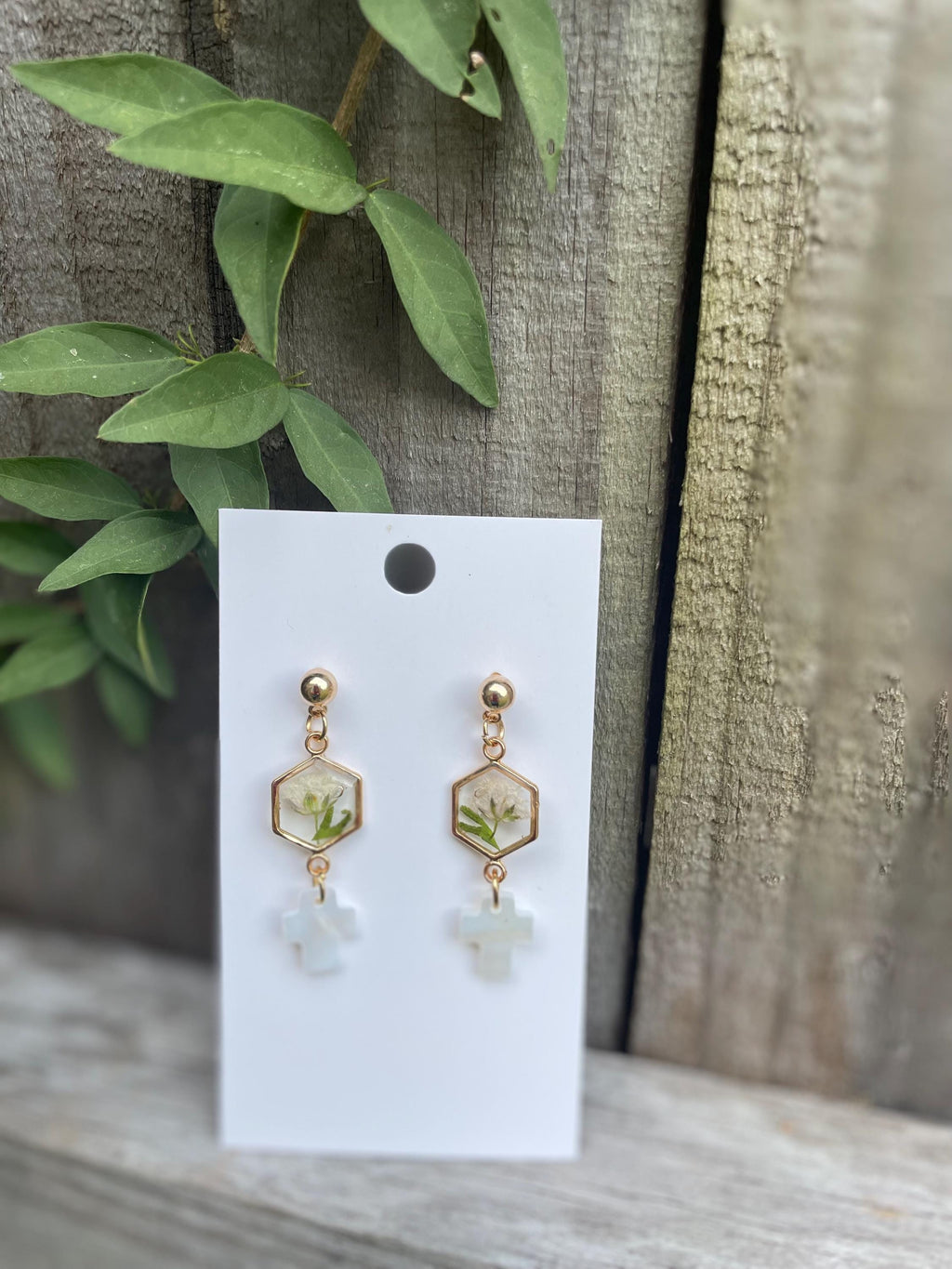 Handmade Gold Resin Baby Breath & Mother of Pearl Cross Earrings - Bridesmaid Jewelry