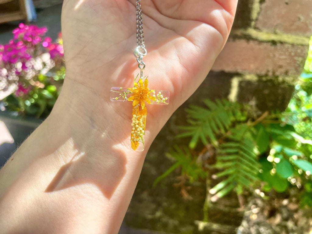 Handmade Custom Birth Flower Necklace: Real Rose Sunflower Resin Cross Pendant
