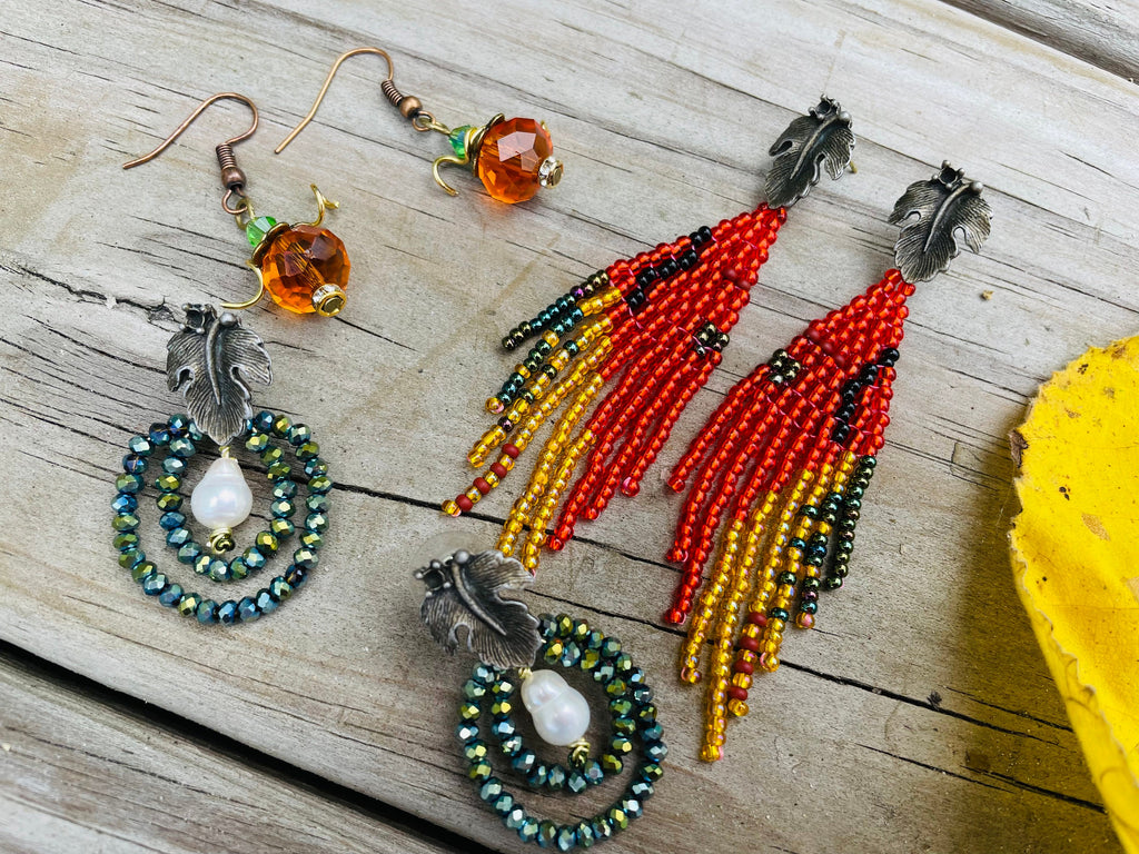 Unique handmade earrings, Burnt orange gold statement earrings, Leaf stud earrings big, Long seed beaded Fringe earrings, jewelry for her