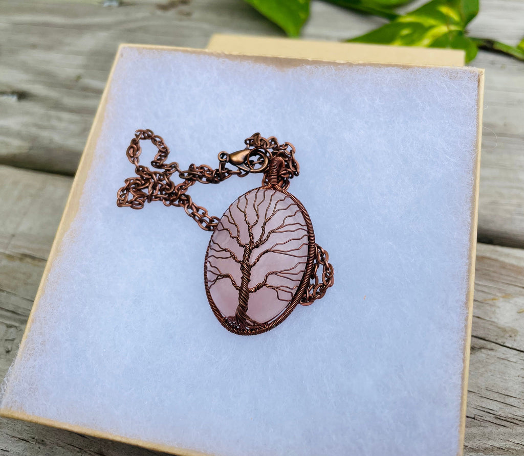 Rose Quartz Tree of Life Necklace: Copper Wire Wrapped Pendant, Custom Initial