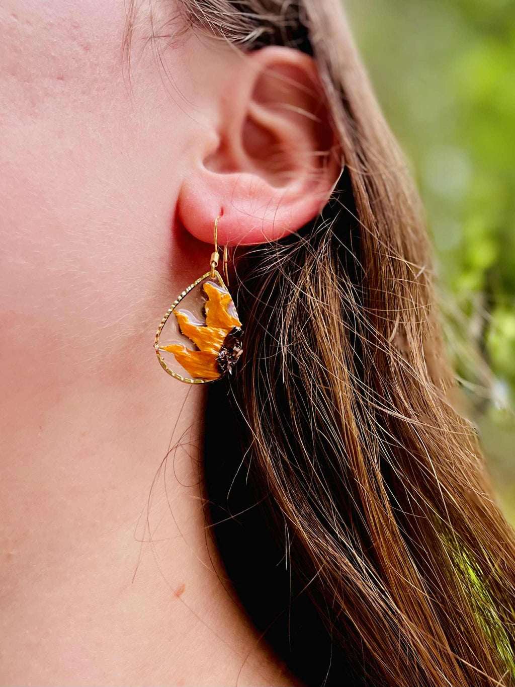 Sunflower Earrings: Real Flower Resin Dangle Drops, August Birth Month