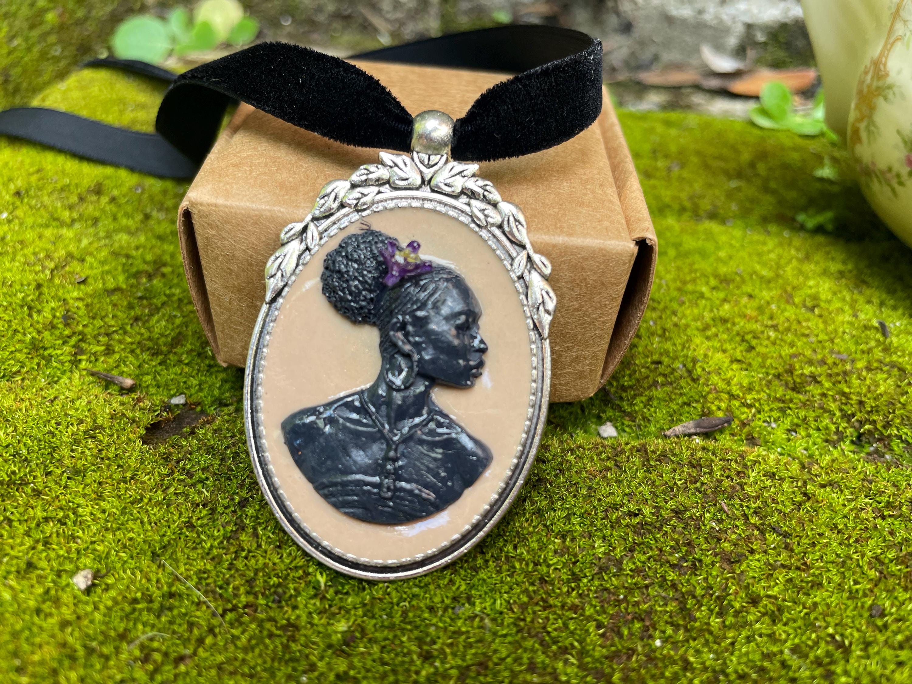 Handmade Cameo Necklace: African American Woman, Velvet Choker, Birthstone Option