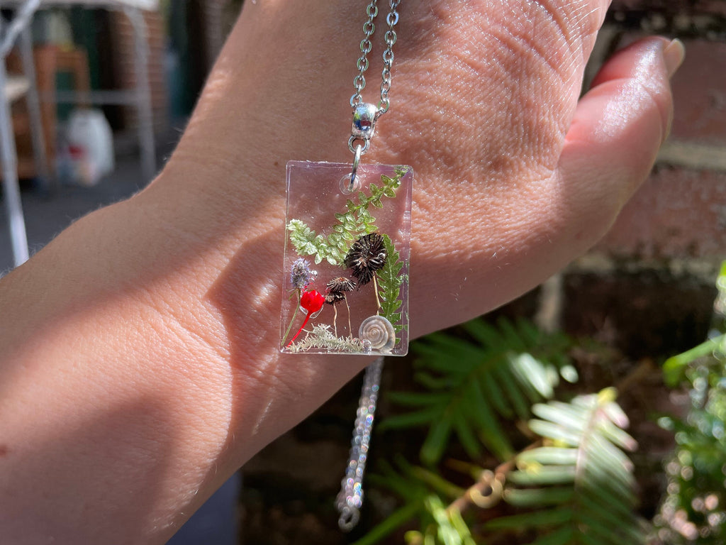 Mushroom Family Resin Necklace: Pressed Flower Pendant, Birthstone Option