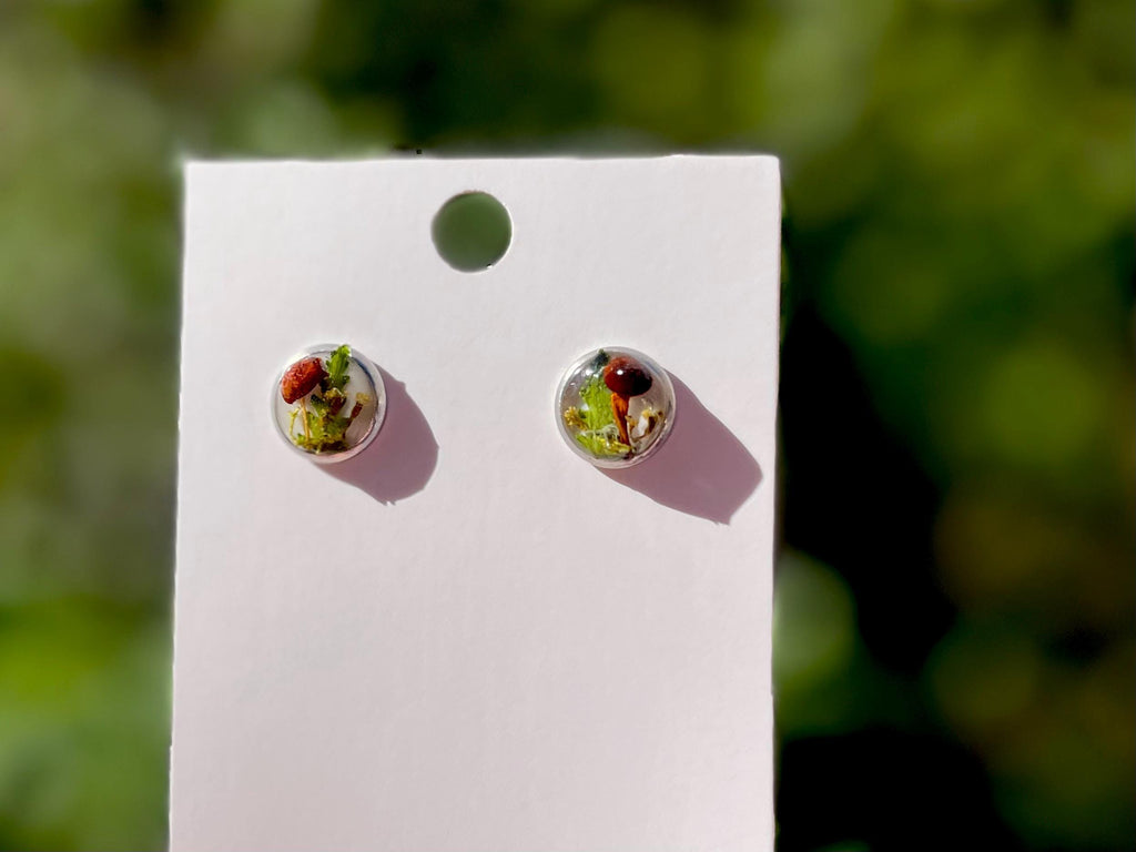 Real Mushroom Fern Unique hypoallergenic Stud Earrings for Women Men: Birthstone Personalized Nature Jewelry