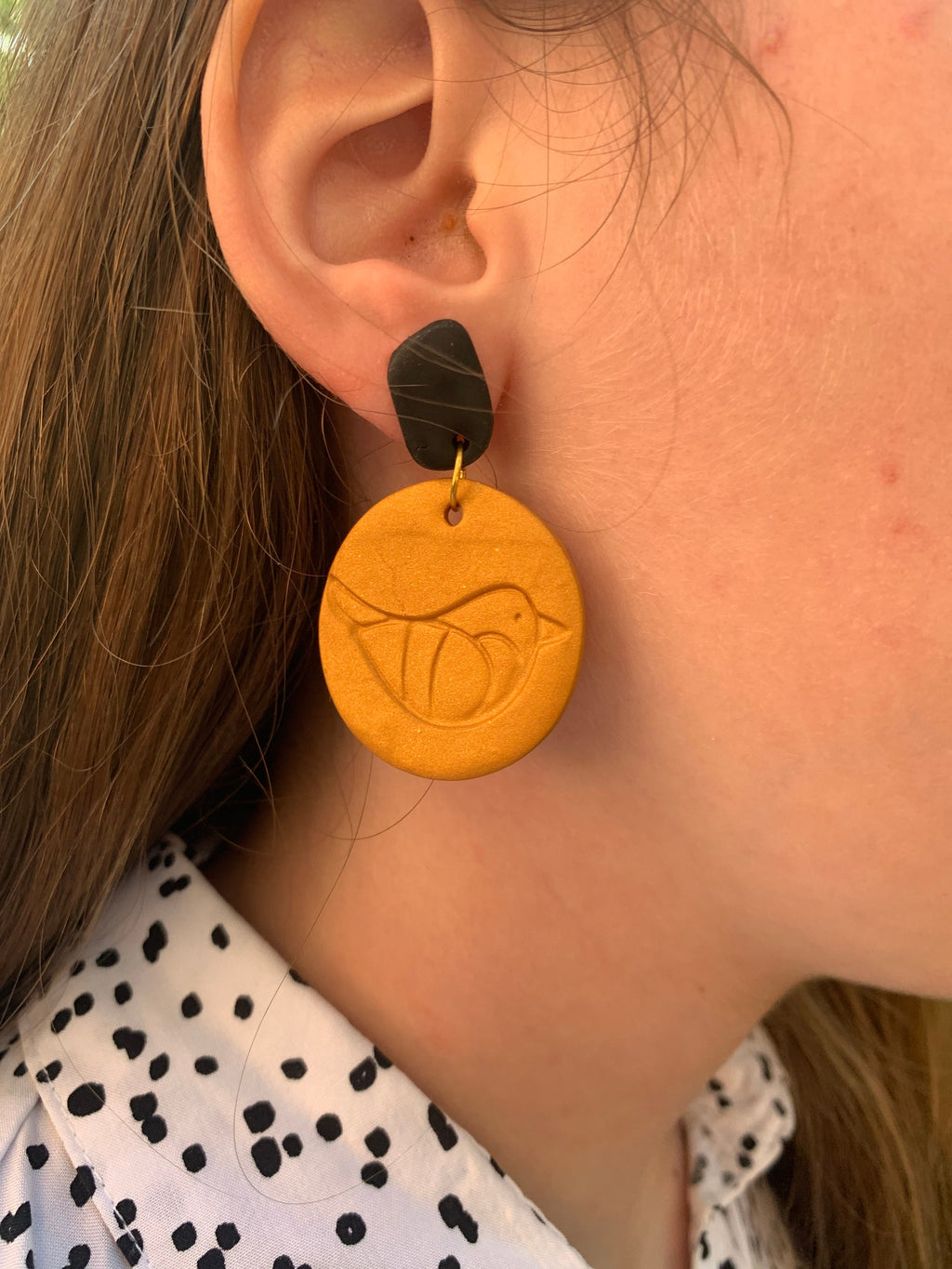 Gold and black bird earrings, Handmade Polymer Clay Earrings, Statement Dangle Earrings, Mothers Day gift, big clip on earrings hoops