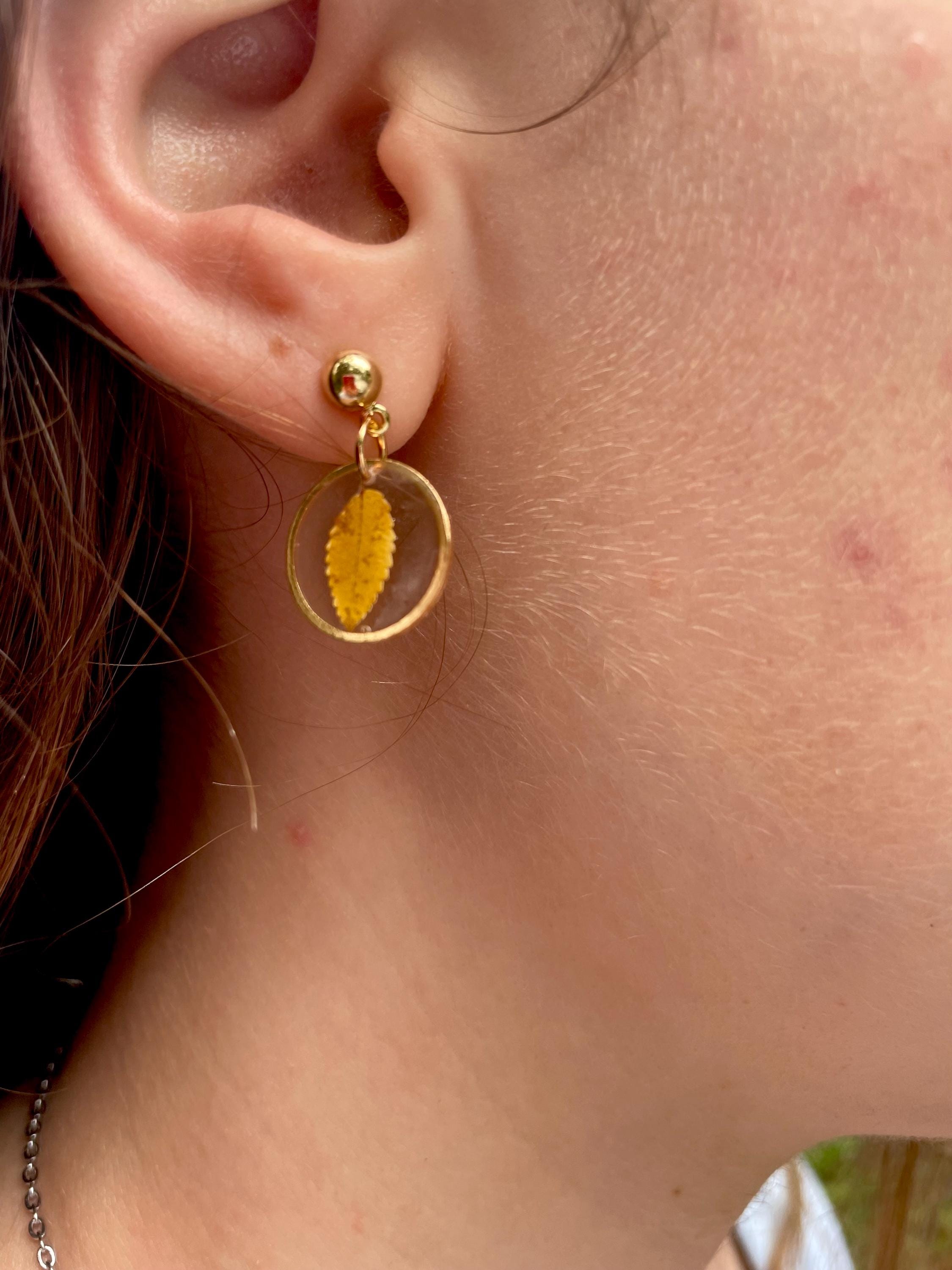 Real Leaf Resin Earrings: Dainty Gold Nature Jewelry