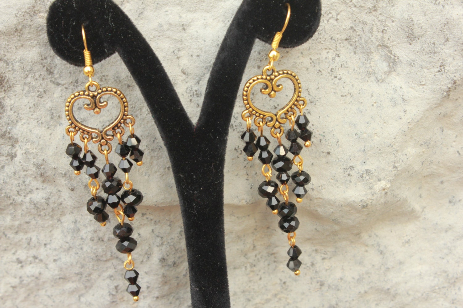 Mothers Day gift, Gold and black Heart earrings, long chandelier earrings, romantic gift for girlfriend wife, bohemian beaded earrings mom