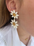 Polymer clay daisy earrings, bridesmaid jewelry, white flower earrings for bride, double daisy earrings
