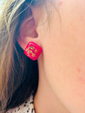 Minimalist earrings, Real flower earrings, fern earrings, hot pink polymer and resin clay earrings, pressed flower jewelry, flower girl gift