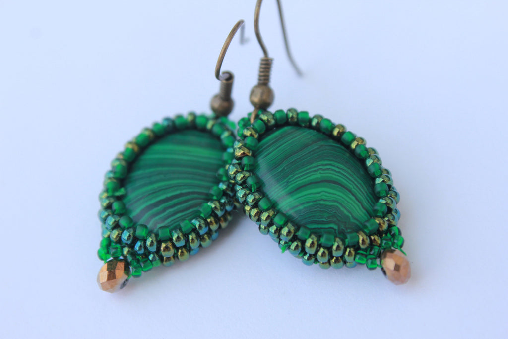 Dangle Malachite Earrings copper gold sterling silver hook, vintage emerald Green beaded earrings statement unique handmade gift for mom