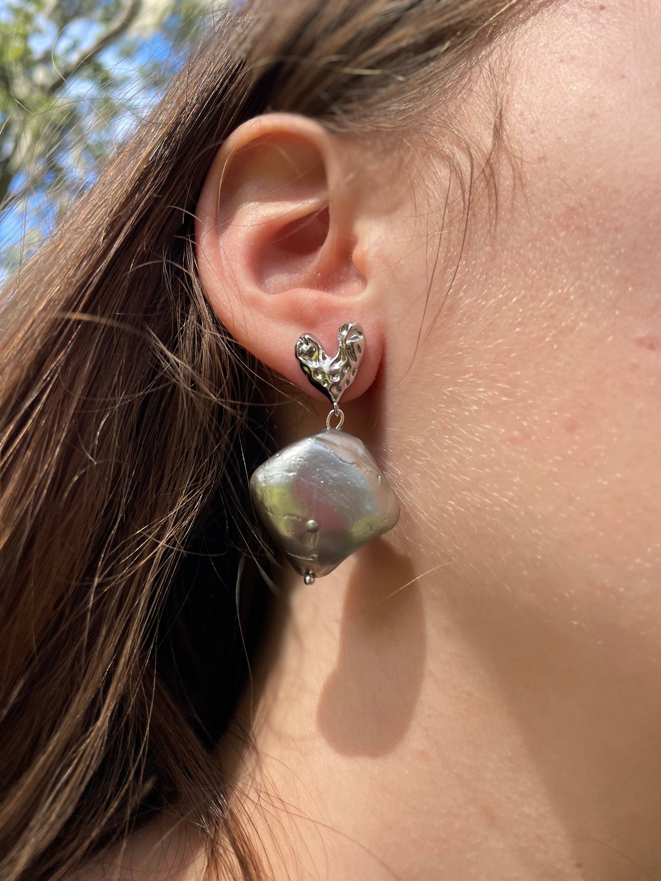 Puffed Heart Post Earrings baroque Pearl drop earrings silver unique birthday valentines day gift for her Minimalist Elegant Jewelry bridal