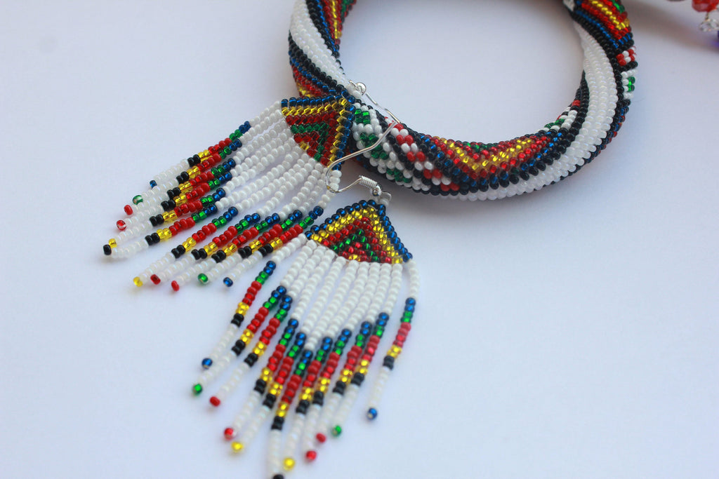 Dangle earrings Rainbow seed bead tassel earrings, beaded earrings, Long fringe Beaded Gypsy colorful dangles, native American jewelry women