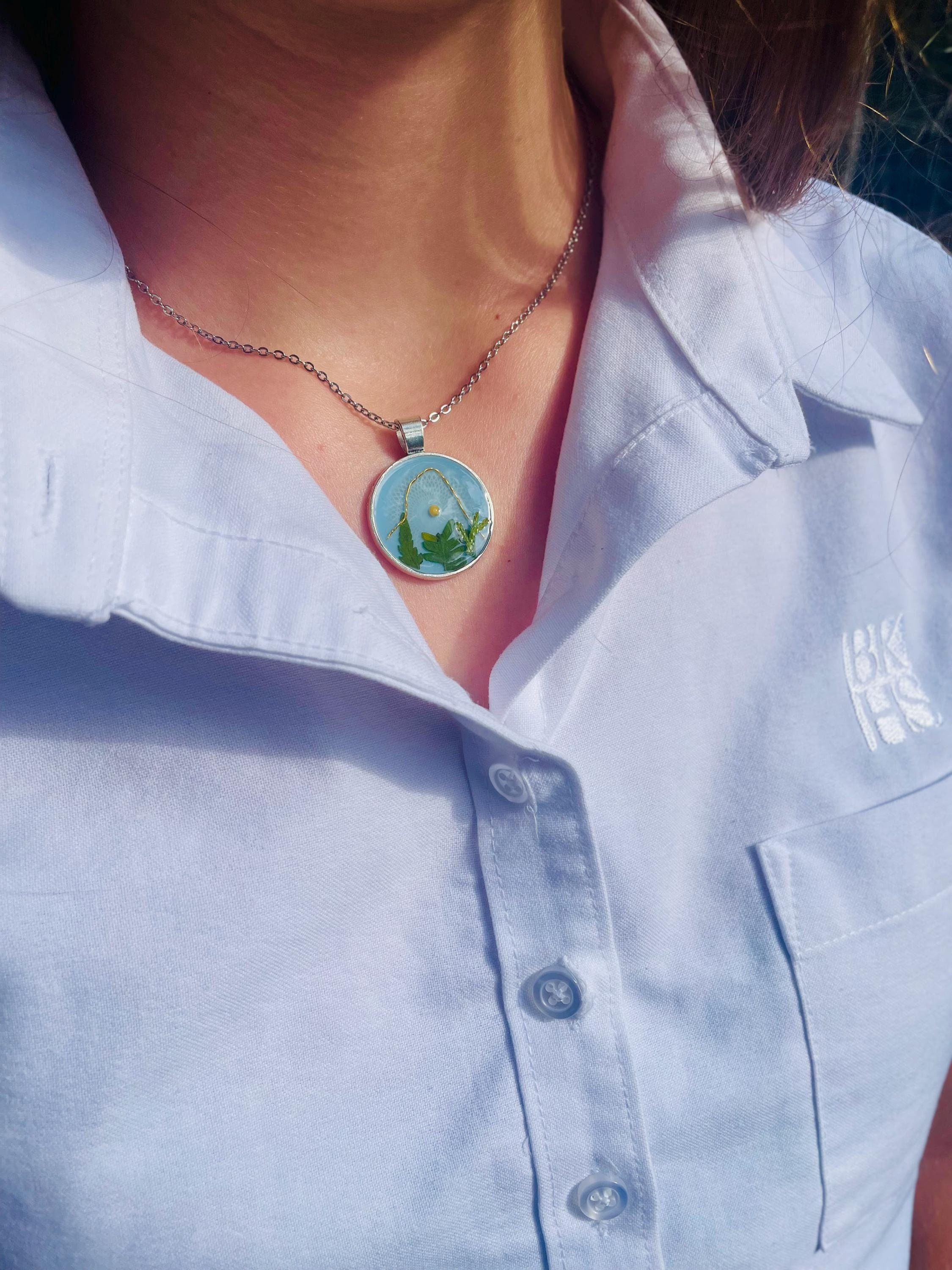 Mountain Fern Mustard Seed Necklace for Men/Women: Silver Sky Blue Pendant