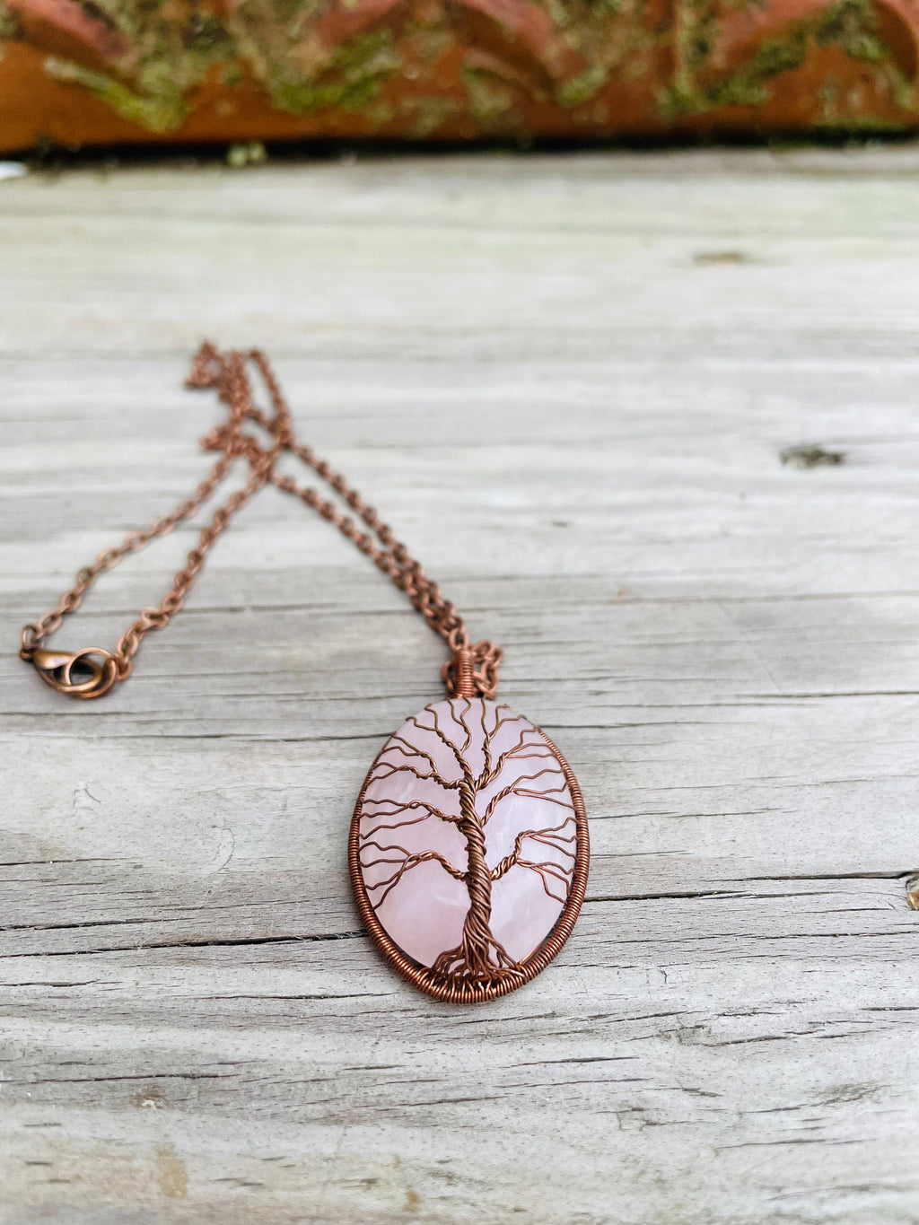 Rose Quartz Tree of Life Necklace: Copper Wire Wrapped Pendant, Custom Initial