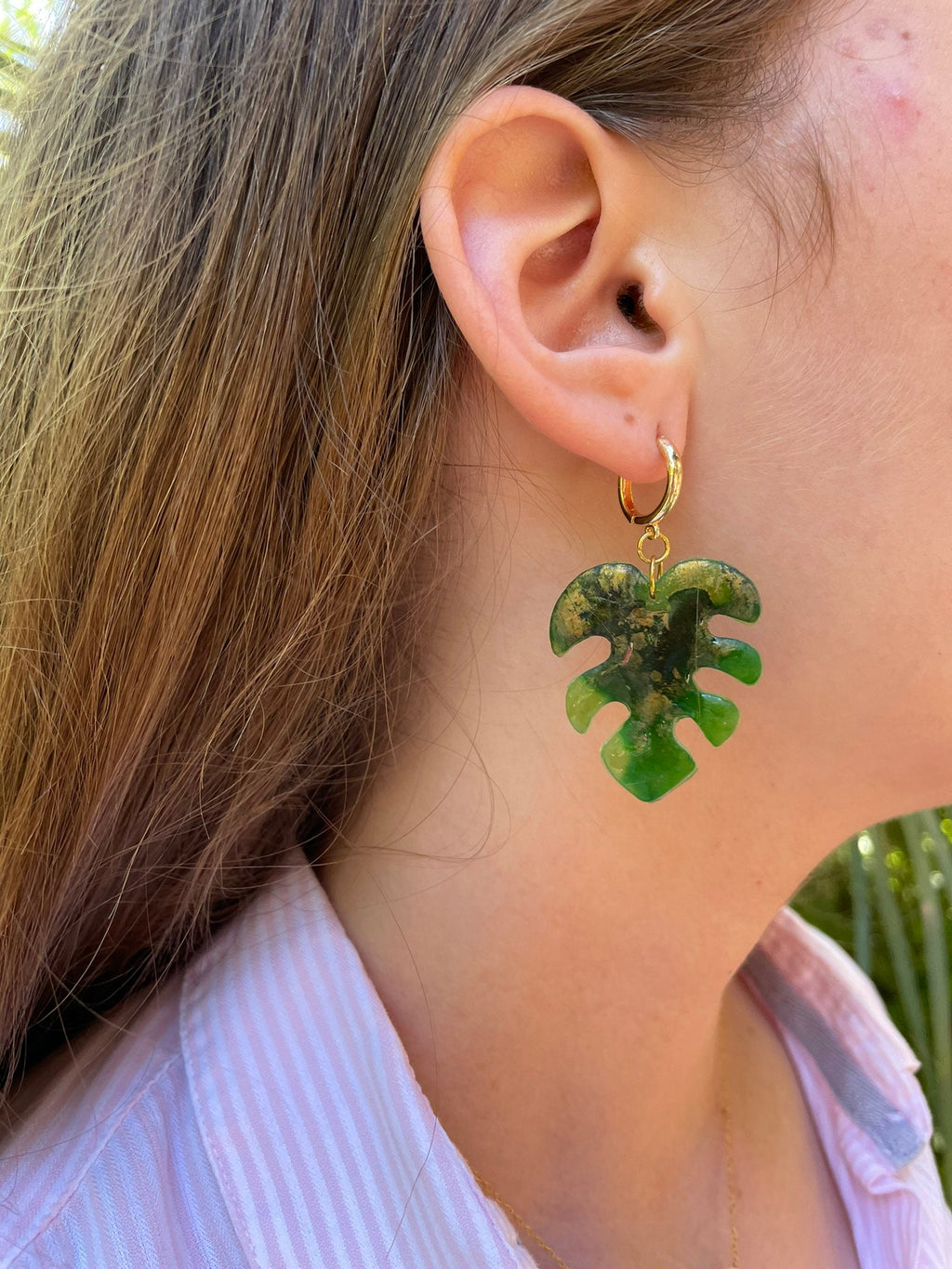 Tropical Island Style Monstera Leaf Earrings, Gold Hoop huggie earrings Cool Summer Jewelry Beach Wedding Maximalist Polymer Clay Earrings