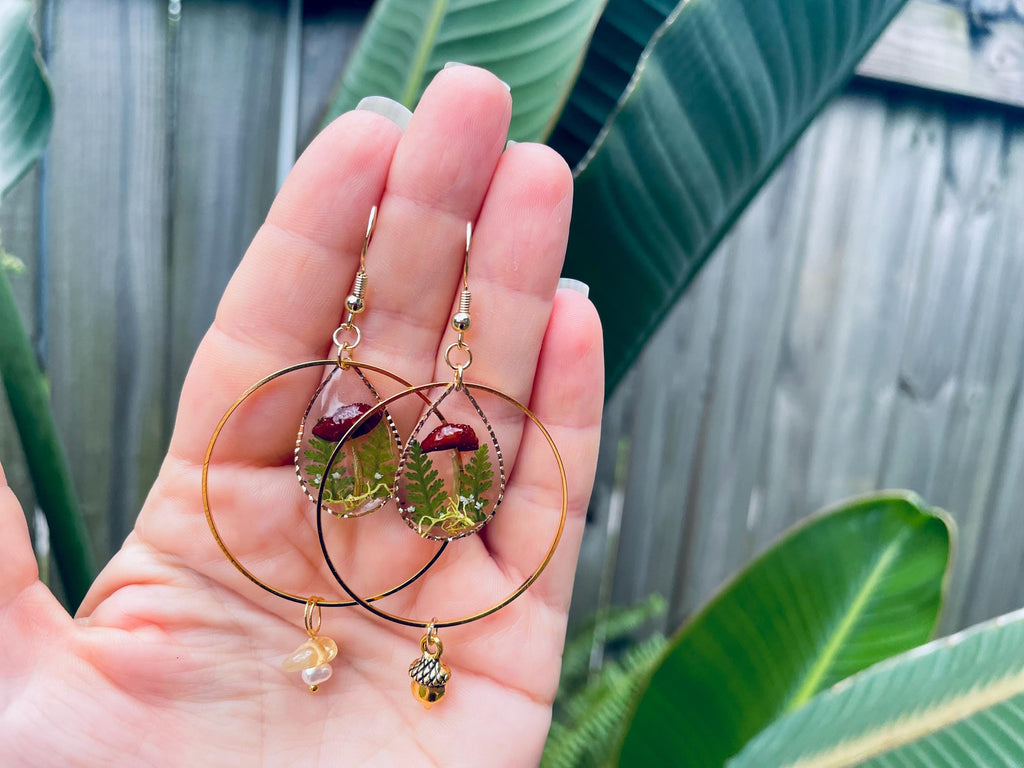 14K Gold Mushroom Terrarium Earrings Chandelier Hoops: Pearl, Acorn Charm, Personalized Birthstone