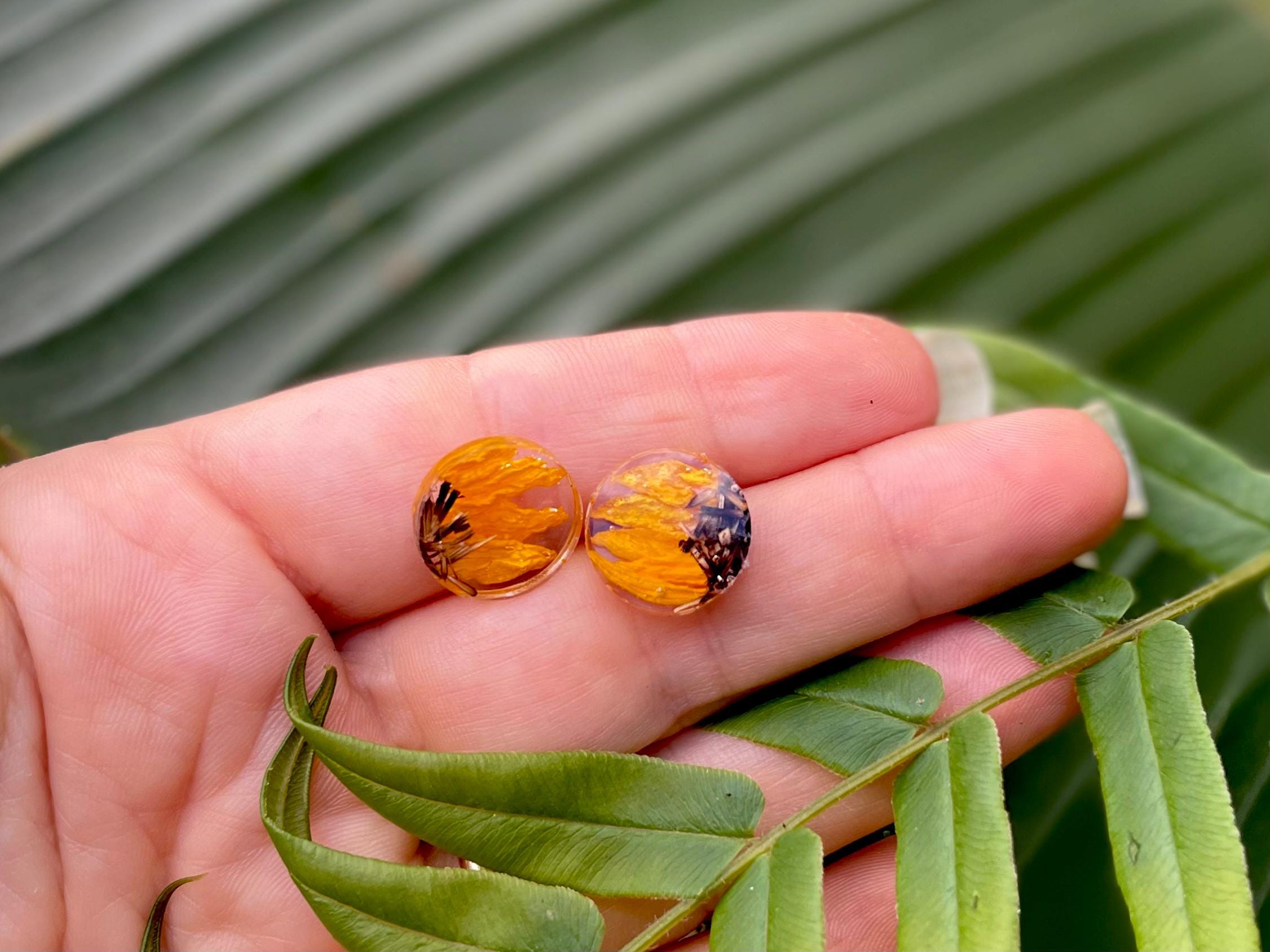 Dainty Sunflower Stud Earrings Hypoallergenic 10mm: Handmade Pressed Flower Jewelry Resin