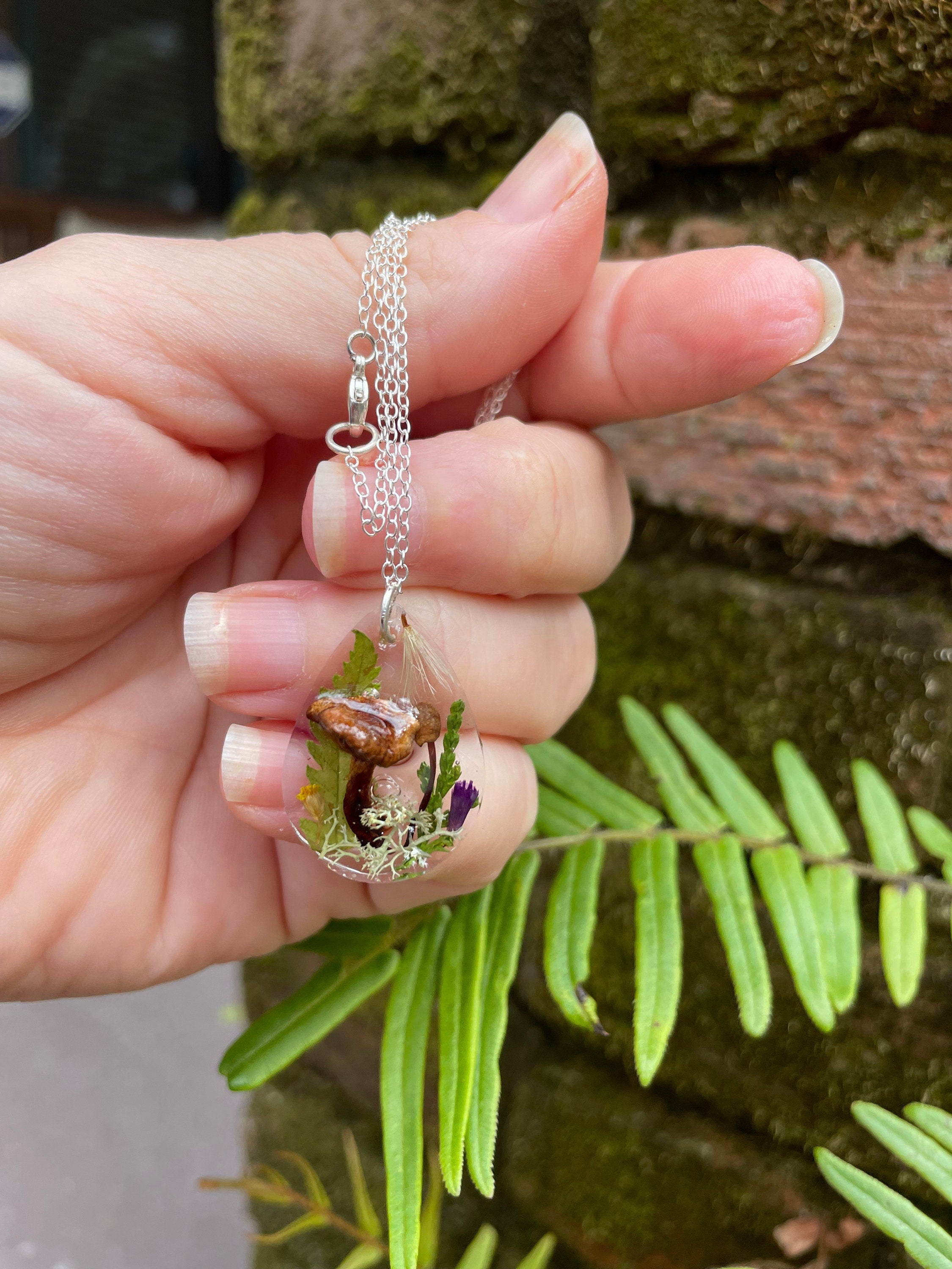 Mushroom Terrarium Necklace: Real Moss & Fern, Sterling Silver