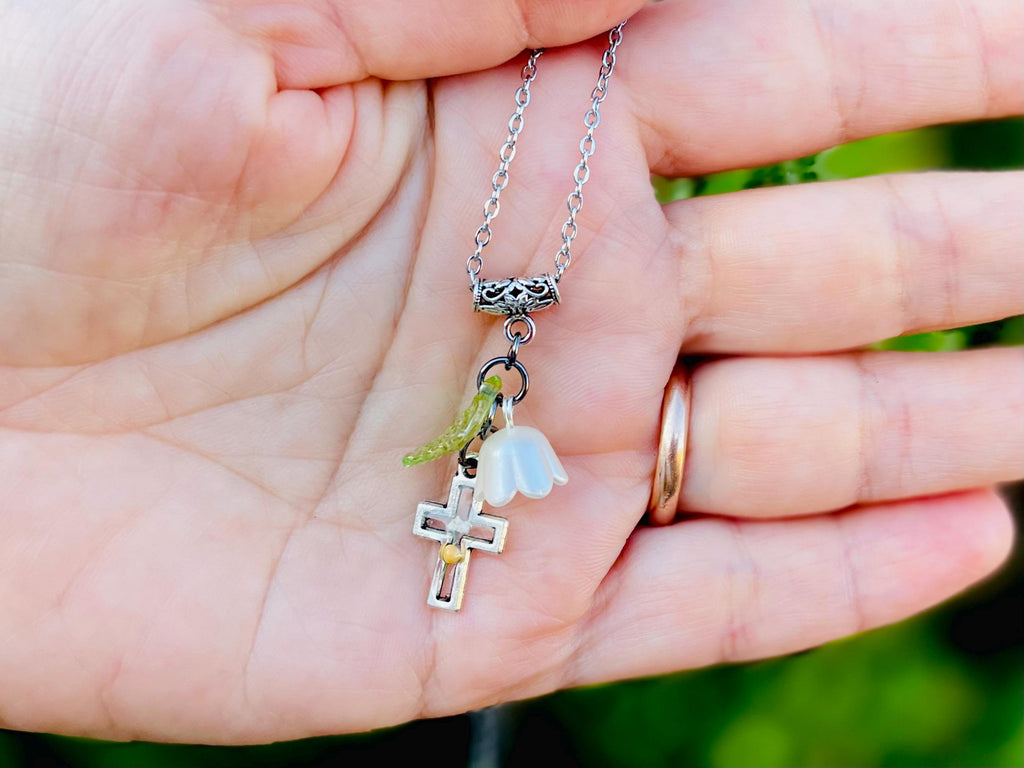 Personalized Lily of the Valley Cross Necklace: Mustard Seed, May Birth Flower