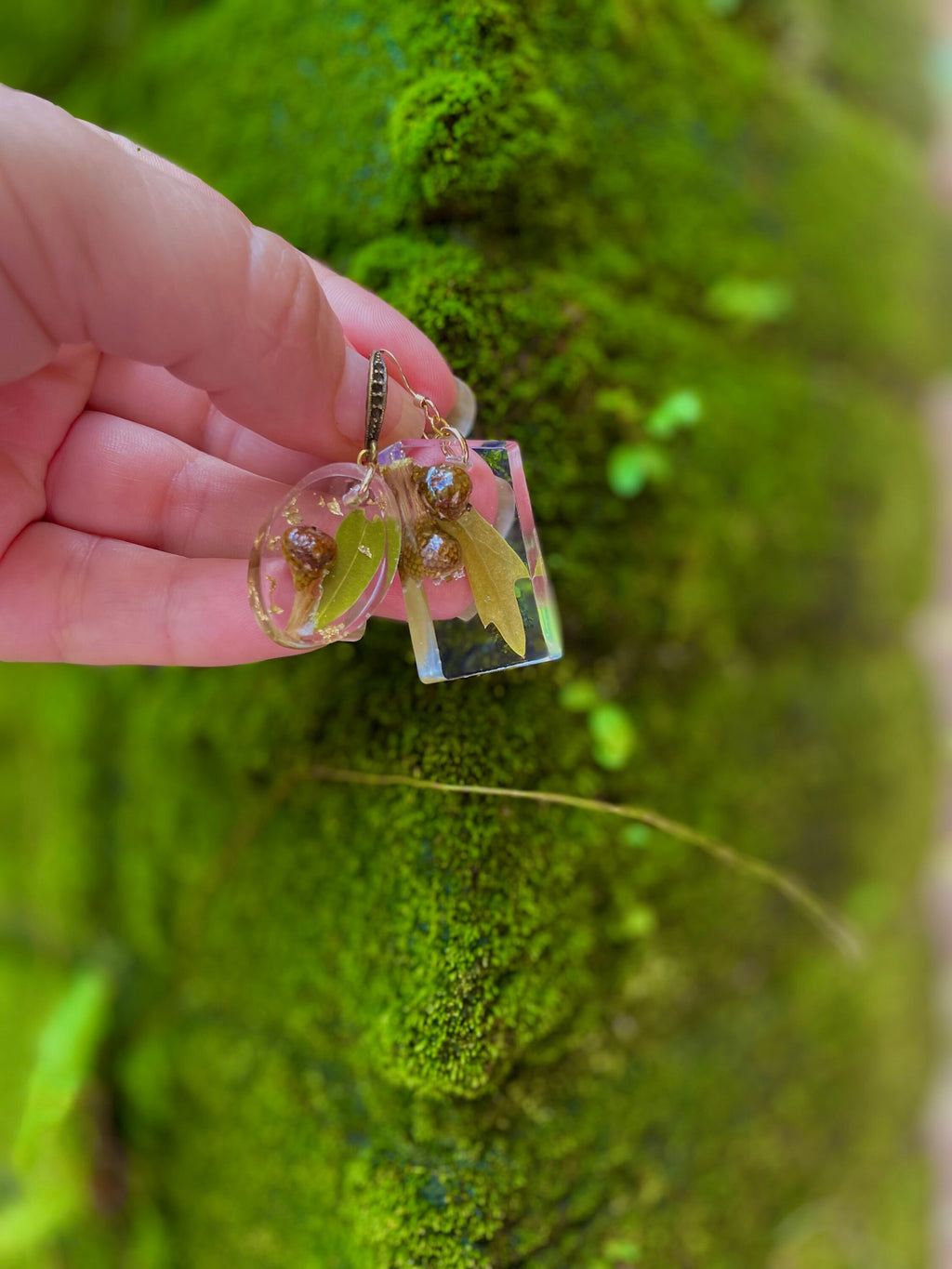 Gold-Filled Resin Earrings: Acorn, Fern & Oak Leaf - Mori Kei Jewelry