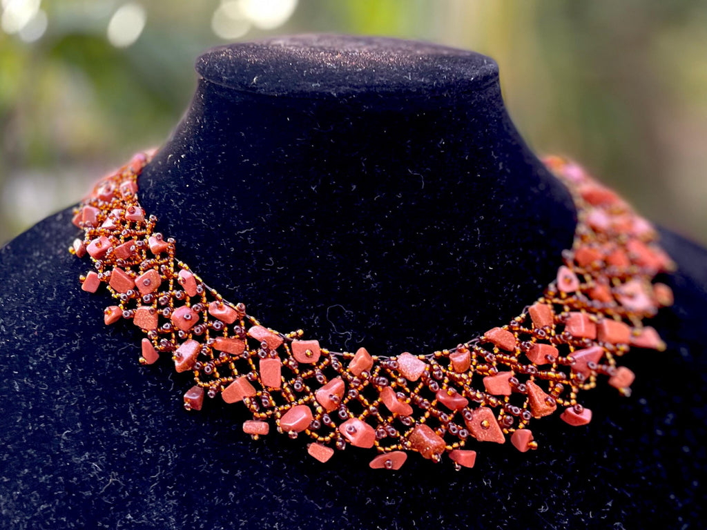 Goldstone Choker Necklace: Multi Strand Crystal Collar, Prom Bridal Jewelry