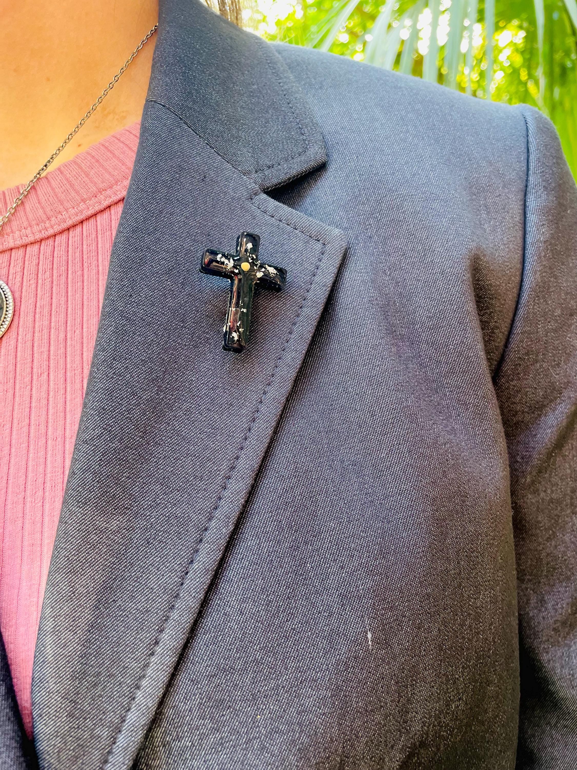Black Cross Brooch for Men/Women: Mustard Seed Catholic Gift, 1.7 Inch
