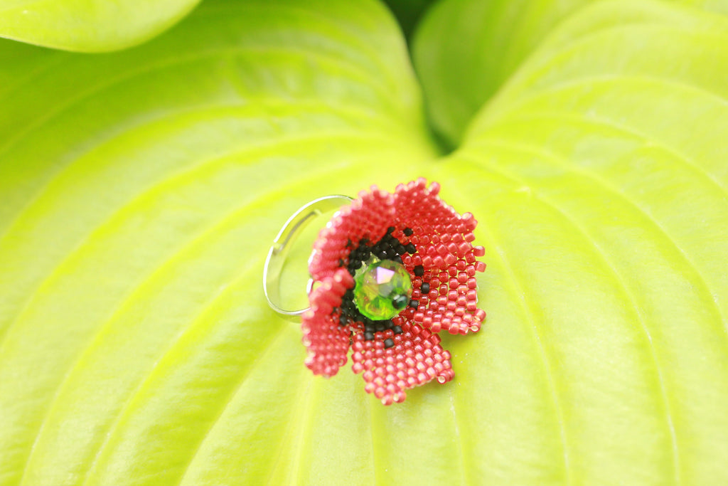 Valentine gift flower ring, red poppy jewelry, big floral rings quirky, nature jewelry for women, Birthday gifts for wife, present for mom
