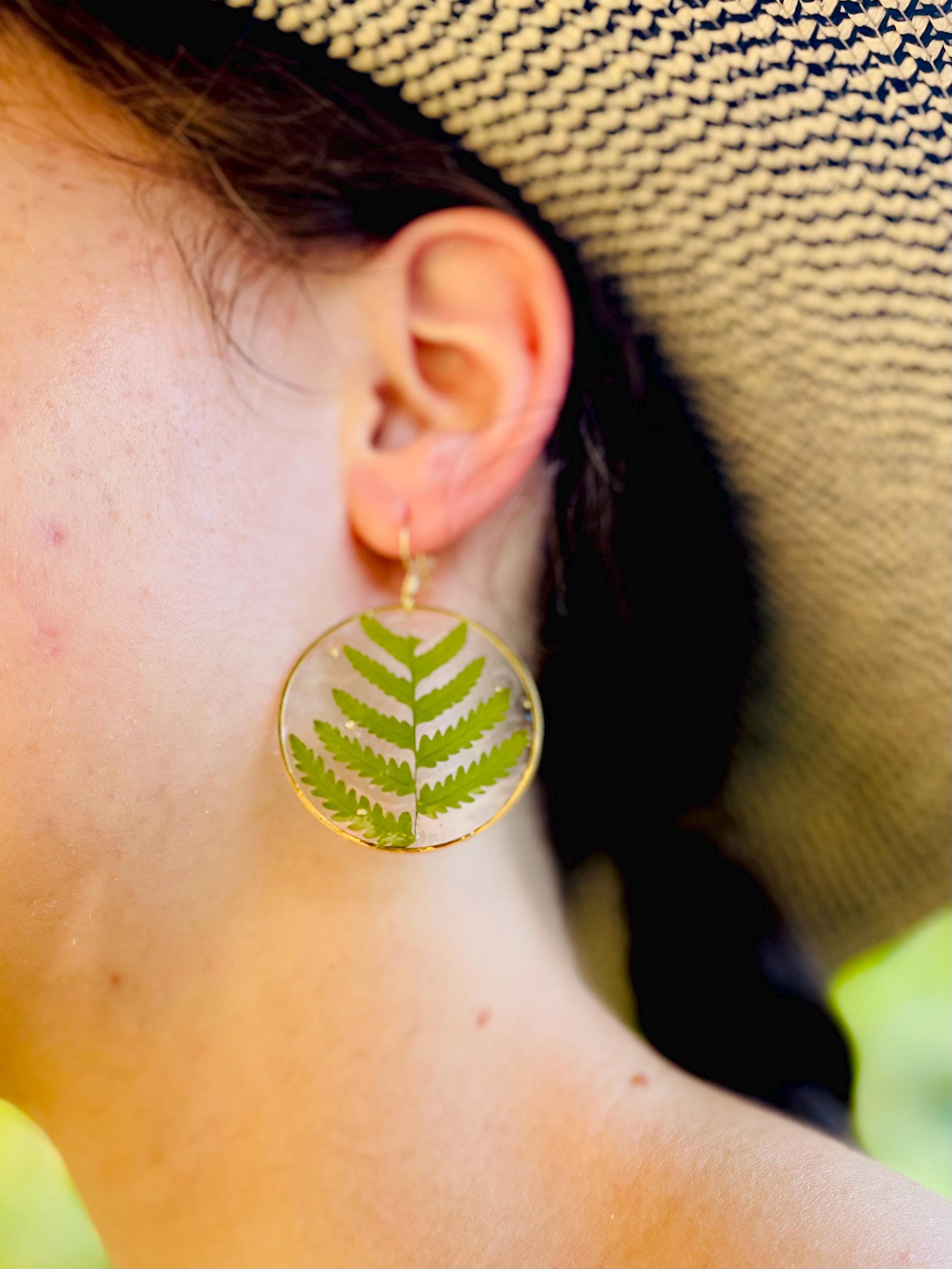 Real Fern Earrings: 14K Gold Boho Green Botanical Dangle Earrings