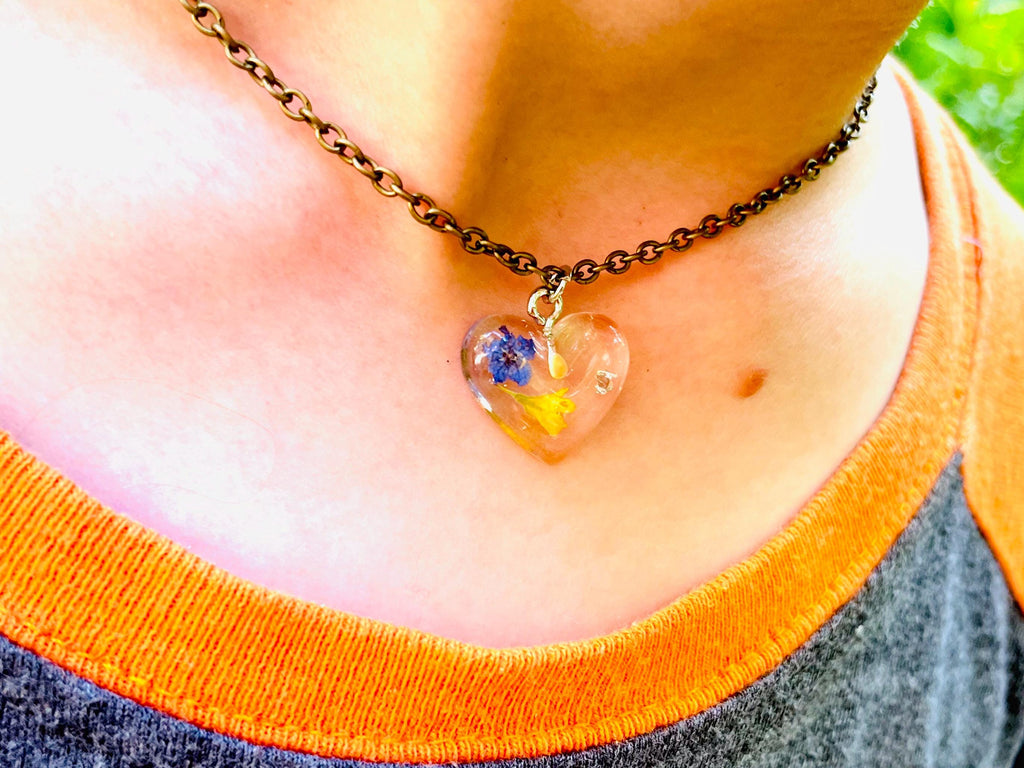 Personalized Heart Birth Flower Resin Pendant Necklace: Mustard Seed Faith Jewelry