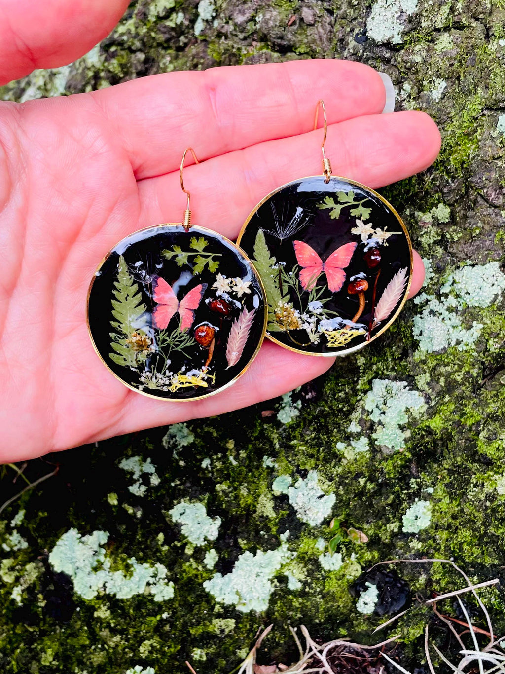 Dark Academia Mushroom Earrings: Real Moss, Fern & Butterfly