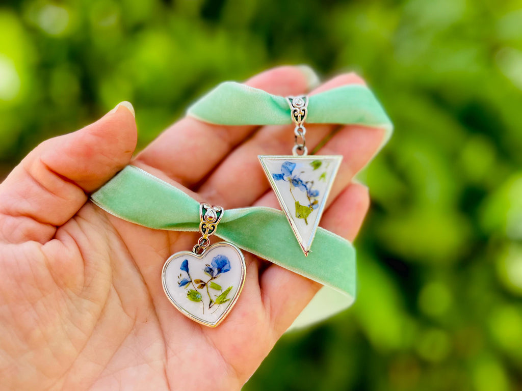 Handmade Victorian Heart Cameo Choker Collar: Sage Green Velvet Ribbon, Pressed Flowers Galentine