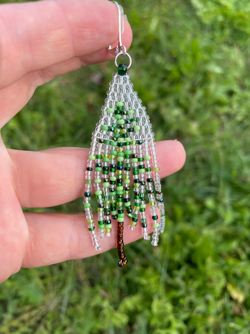 Christmas earrings dangle, Abstract Beaded Fringe earrings, Christmas tree seed bead earrings Green transparent Long earrings Boho Handmade