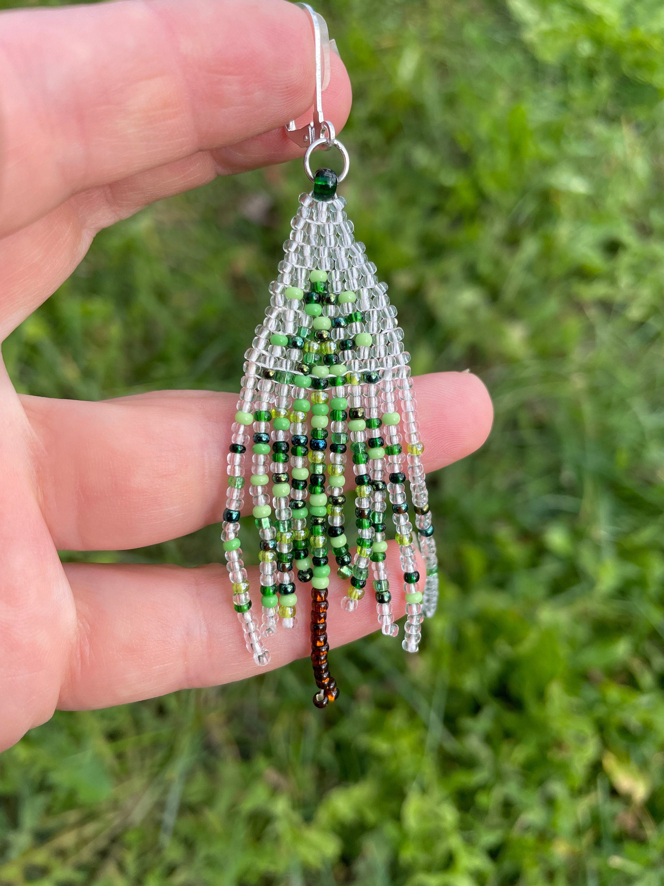 Christmas earrings dangle, Abstract Beaded Fringe earrings, Christmas tree seed bead earrings Green transparent Long earrings Boho Handmade