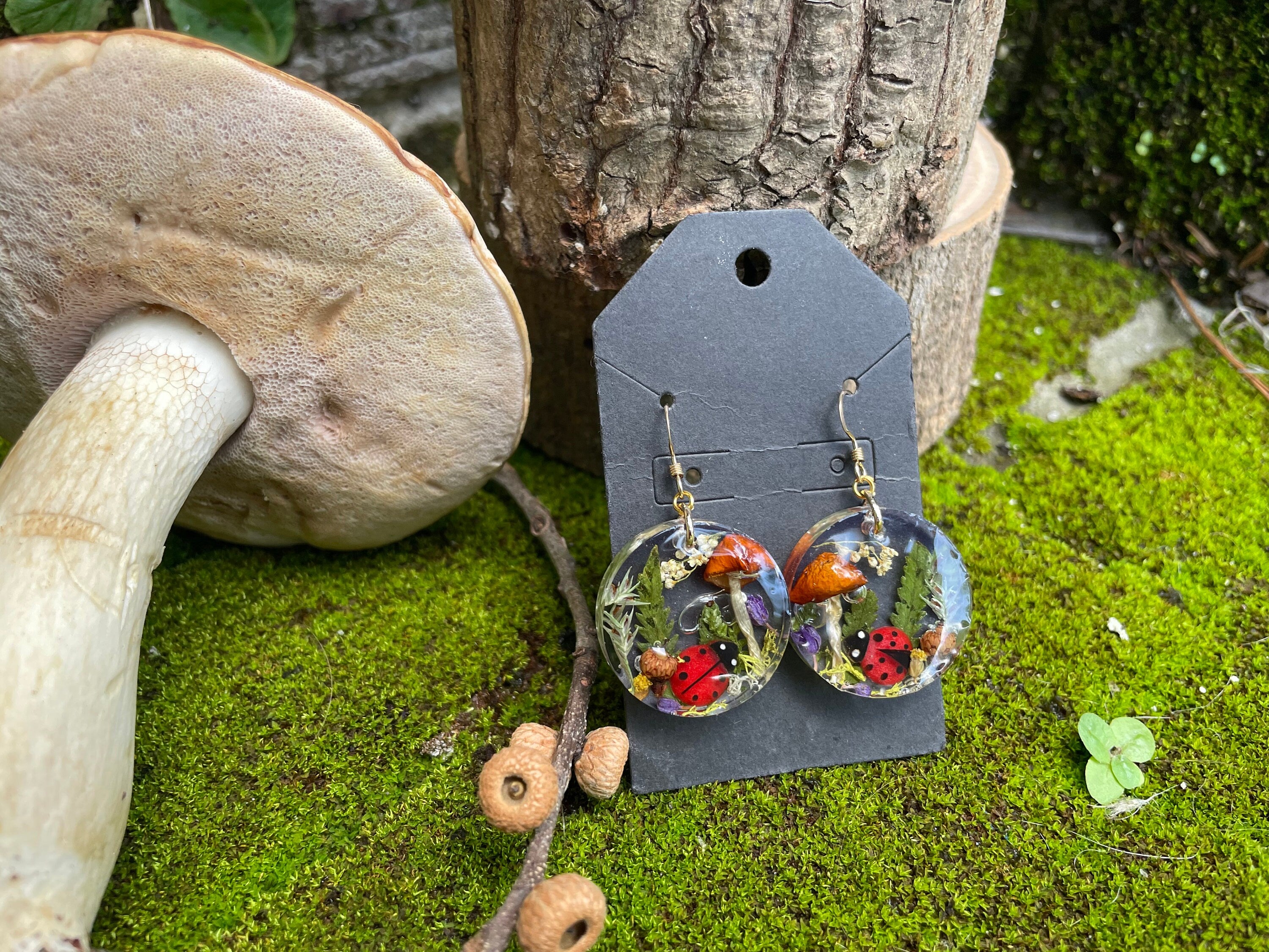 Mushroom Dangle Earrings: Real Acorn, Fern & Ladybug - Woodland Jewelry