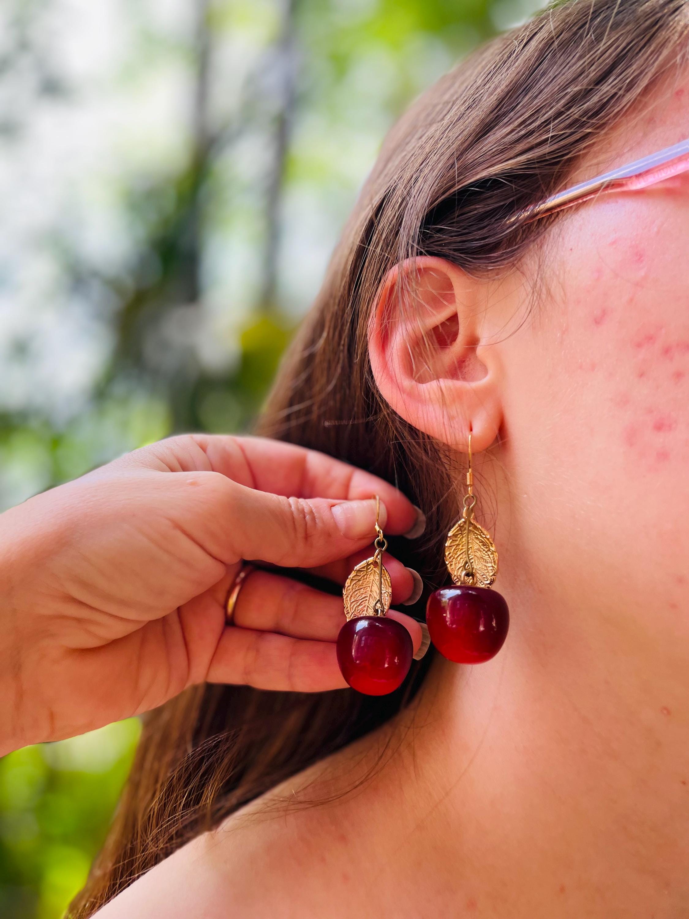 Handmade Cherry Dangle Earrings: Gold Filled Hooks, Summer Jewelry