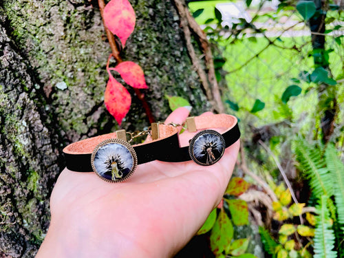 Black Leather Dandelion Bracelet Adjustable: Unisex Nature Inspired Pressed Flower Bronze Anniversary Jewelry