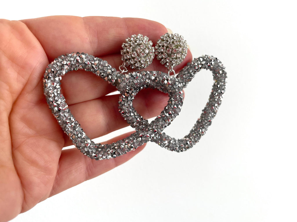 Open Cora Large Hoop Heart Crystal earrings Silver, Drop Earrings Les Bonbon, Big Heart Shaped Rhinestone Statement Earrings gift for her
