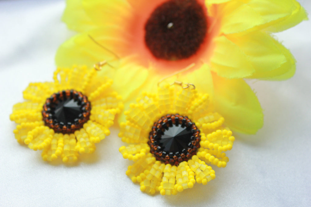 Sunflower Earrings Seed Beaded Leo zodiac birthday gift handmade boho yellow jewelry, cute mothers day gift idea