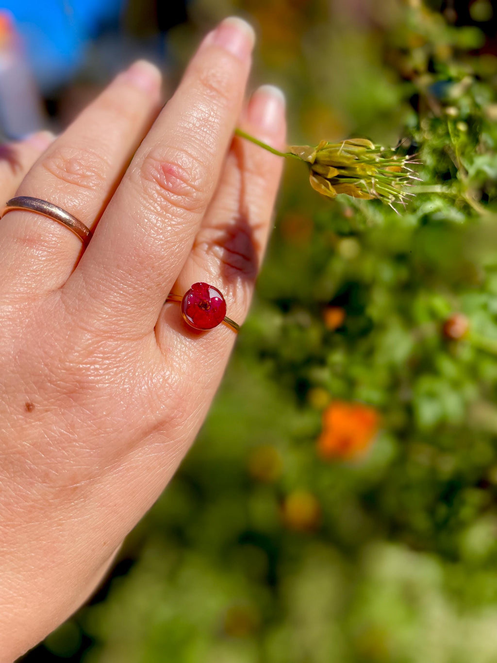 Handmade Adjustable Ring: Coffee Bean, Mushroom, Wildflower, Mustard Seed