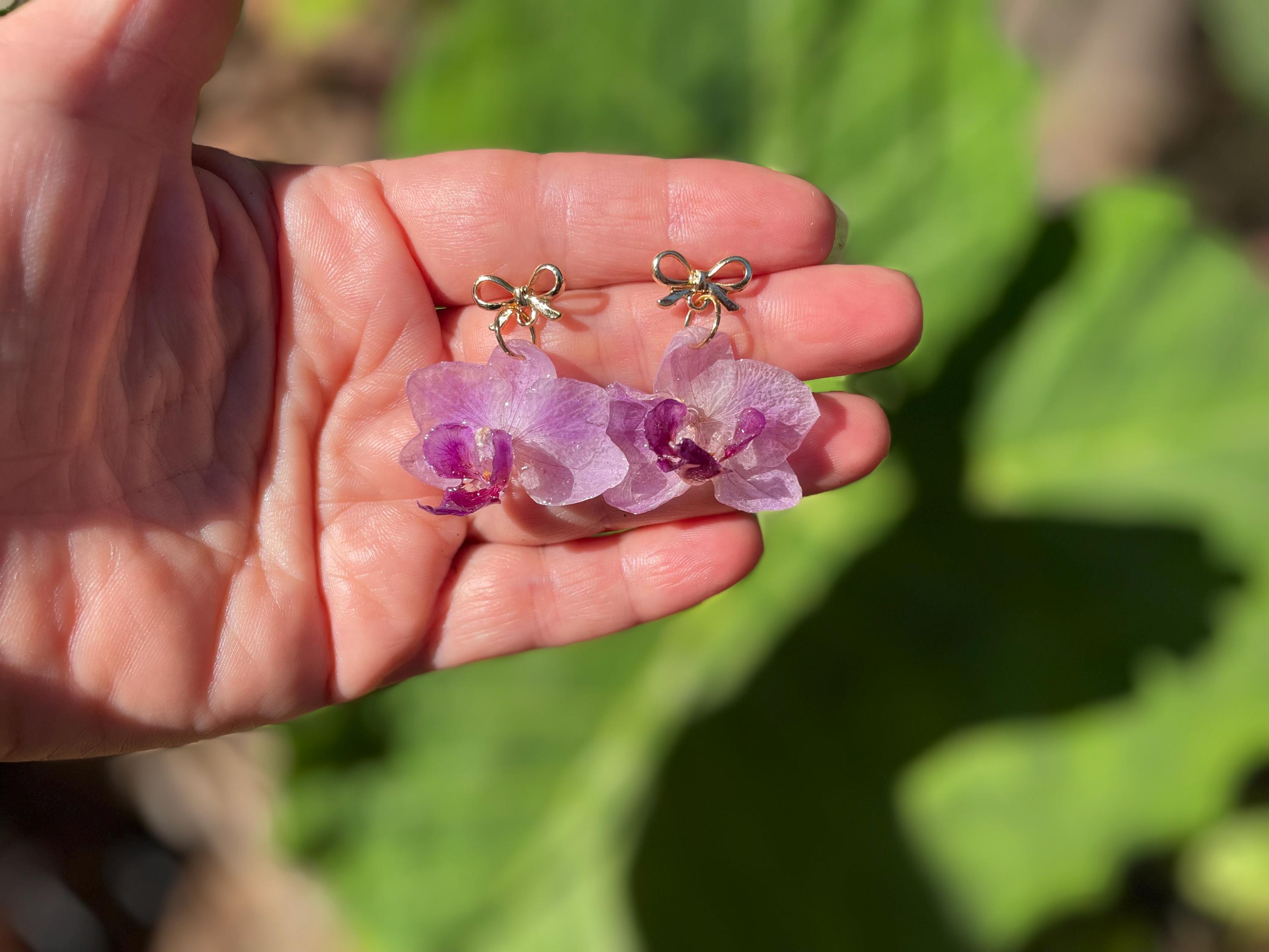 Real Orchid Earrings: Gold Bow Earrings Resin, Unique Purple Wedding Bridal Jewelry Galentine