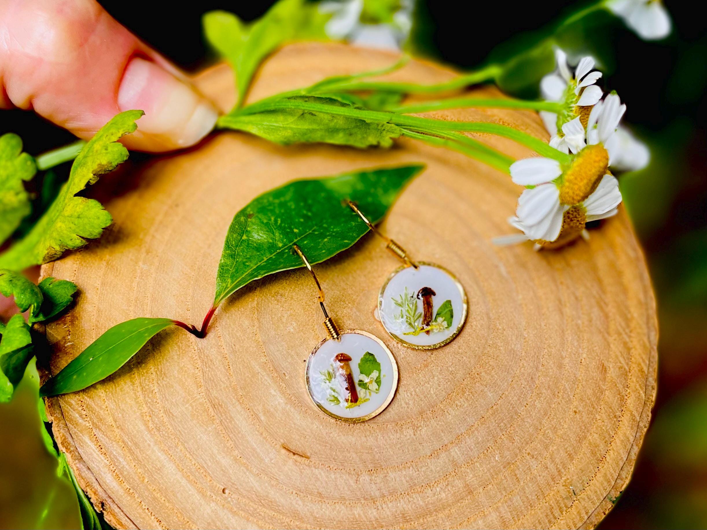 14K Gold Minimalist Meadow Flower & Mushroom Earrings | Unique Botanical Woodland Fairy Jewelry Resin