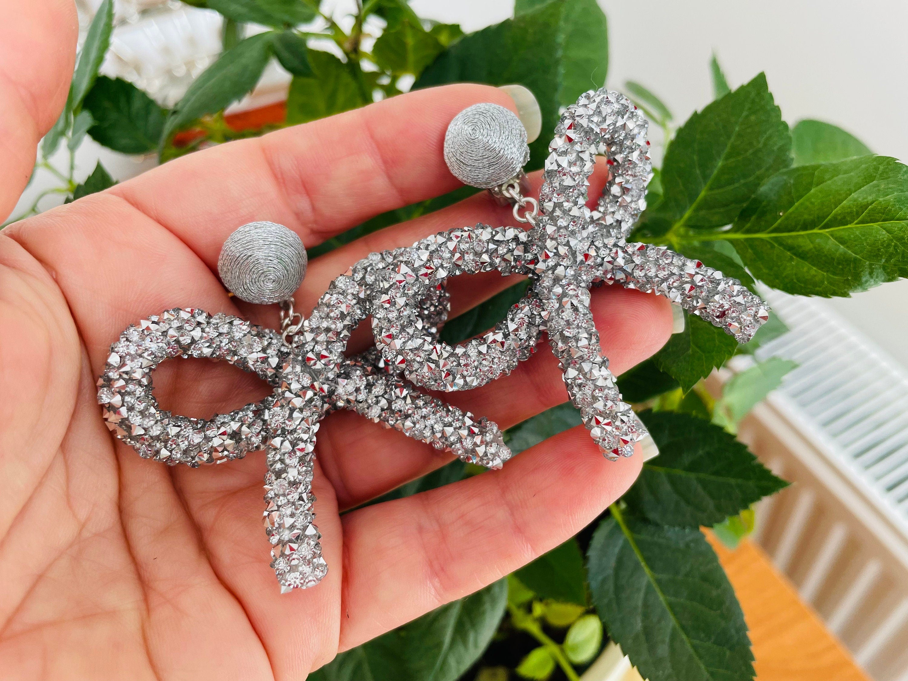 Ship from US, Bridal bow earrings, Vintage Bohemian Bow Earrings, Bridesmaid Bow Drop Earrings, Rhinestone Earrings Silver, gift for her mom